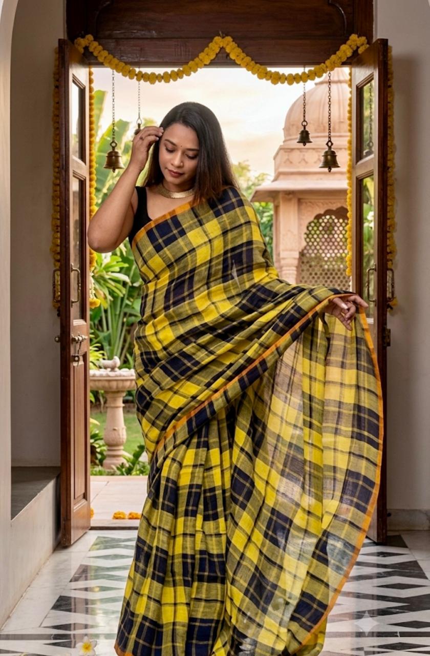 Lemon Zest Checks Cotton Linen Saree