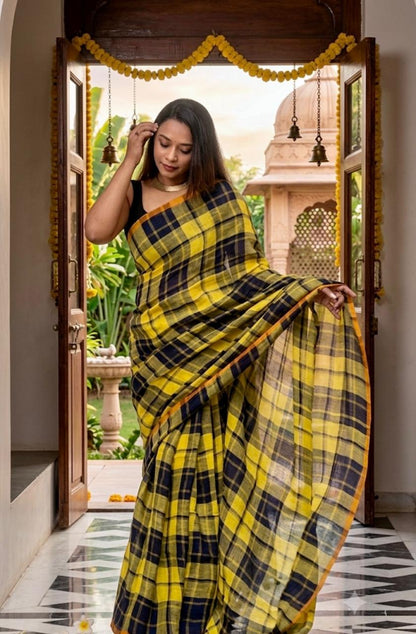 Lemon Zest Checks Cotton Linen Saree