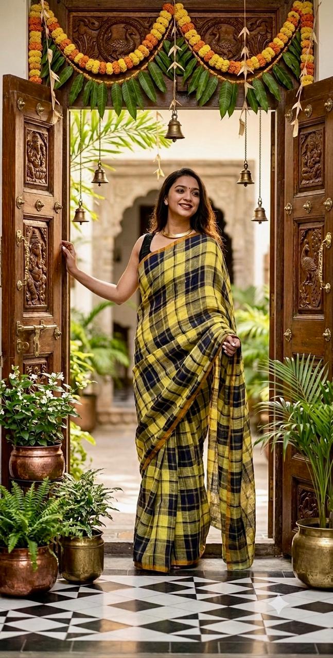 Lemon Zest Checks Cotton Linen Saree