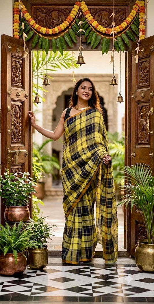 Lemon Zest Checks Cotton Linen Saree
