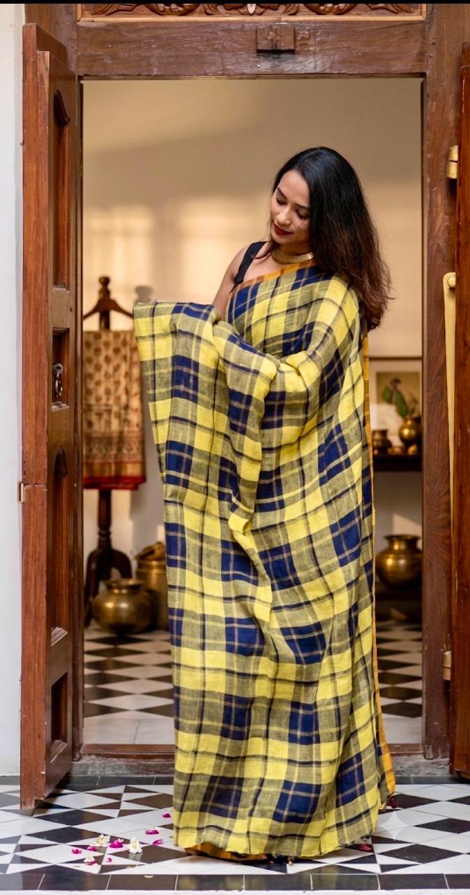 Lemon Zest Checks Cotton Linen Saree
