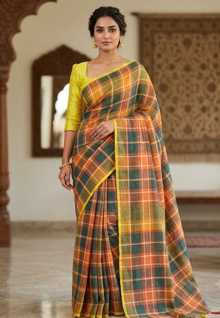 Sunlit Heritage – Cotton Linen Blend Digital Checks Saree