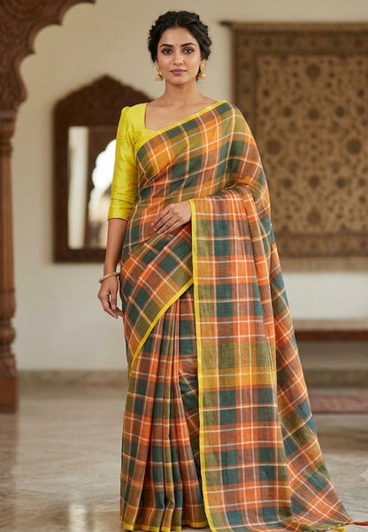 Sunlit Heritage – Cotton Linen Blend Digital Checks Saree