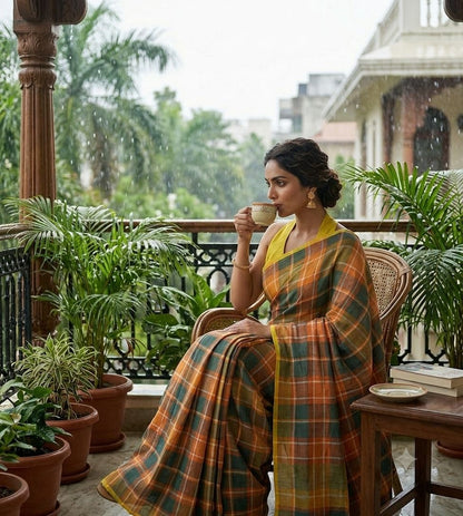 Sunlit Heritage – Cotton Linen Blend Digital Checks Saree