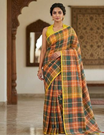 Sunlit Heritage – Cotton Linen Blend Digital Checks Saree