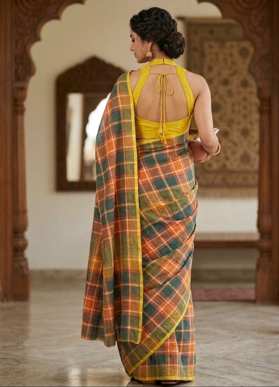 Sunlit Heritage – Cotton Linen Blend Digital Checks Saree