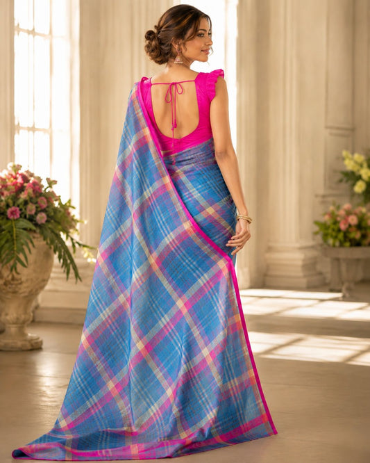 Blur Blue Pink Cotton Linen Blend Checks Saree