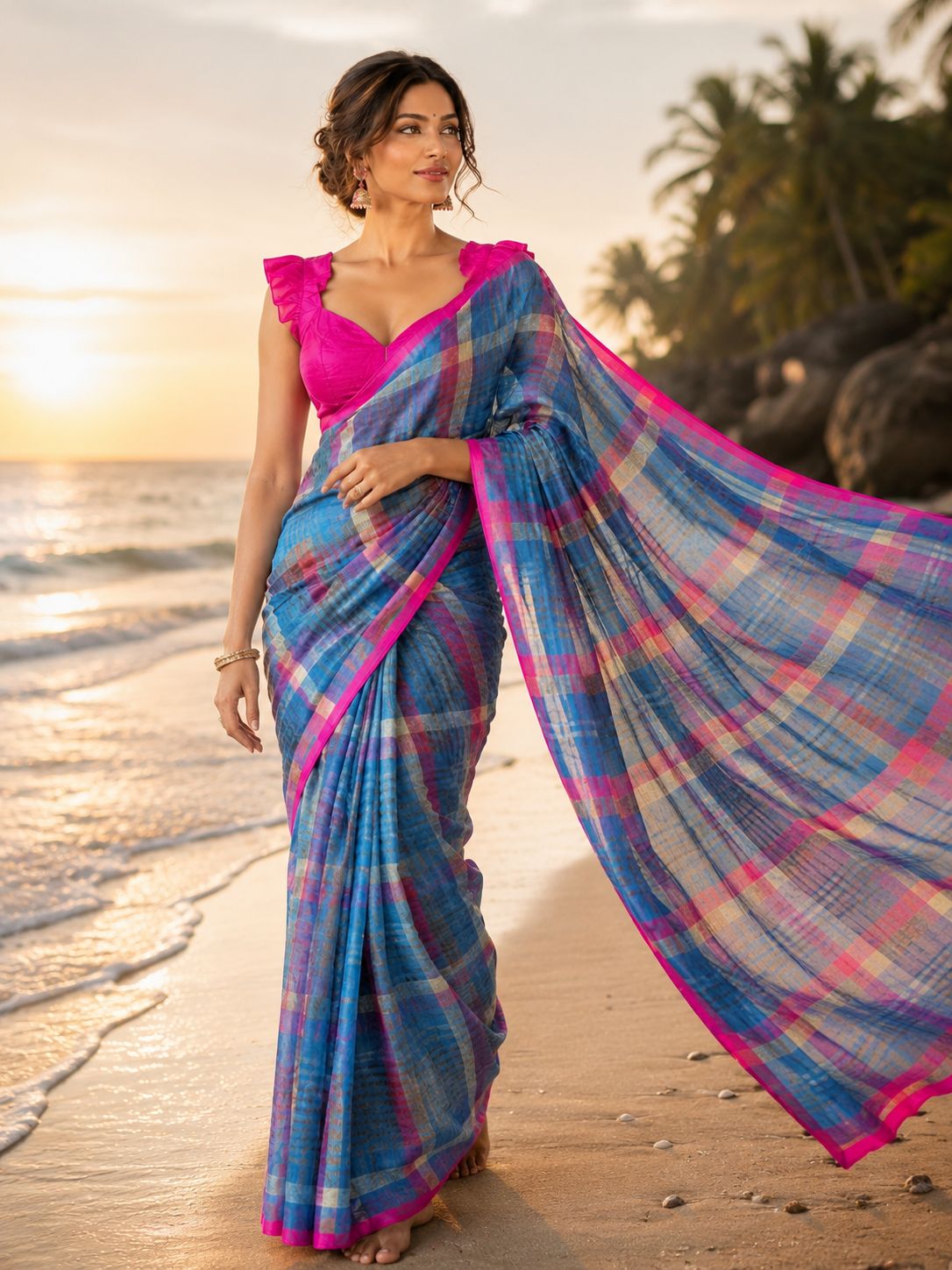 Blur Blue Pink Cotton Linen Blend Checks Saree