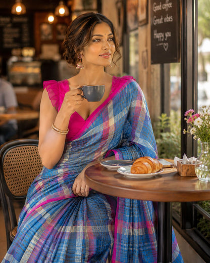 Blur Blue Pink Cotton Linen Blend Checks Saree