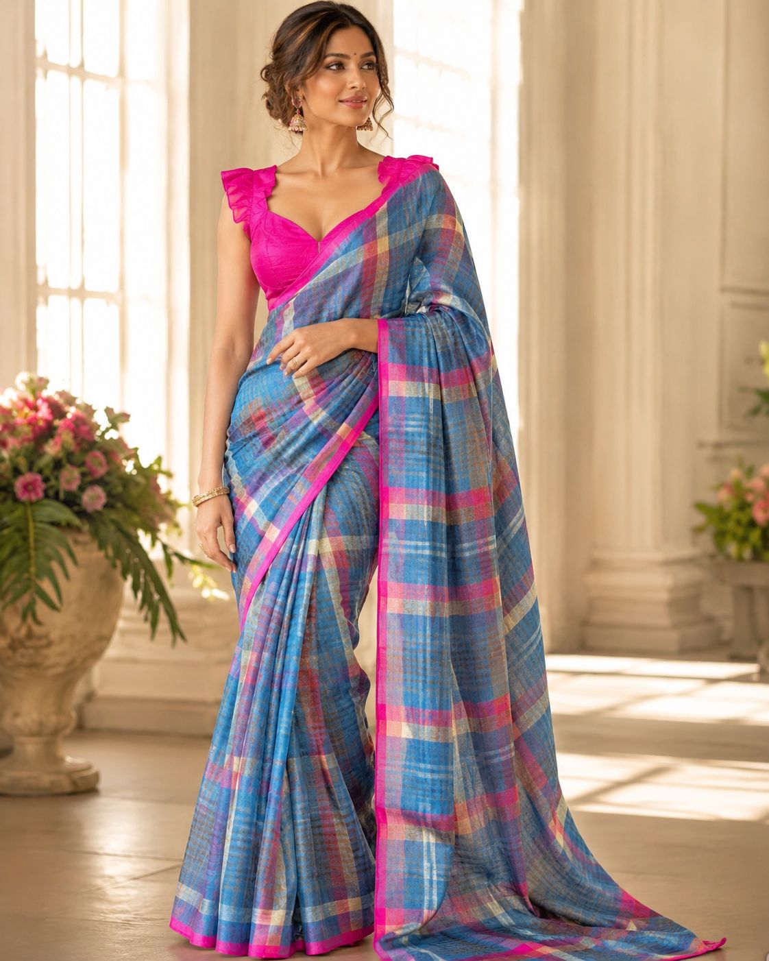 Blur Blue Pink Cotton Linen Blend Checks Saree