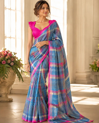 Blur Blue Pink Cotton Linen Blend Checks Saree