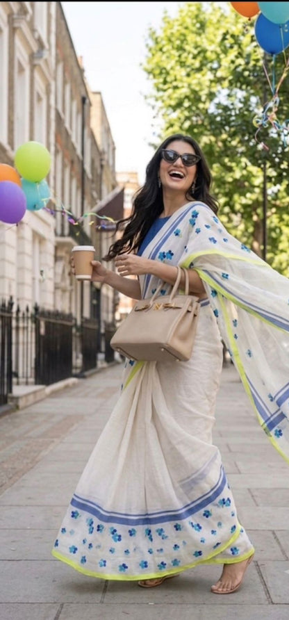 White bliss -Cotton Linen Blend Digital Printed Saree
