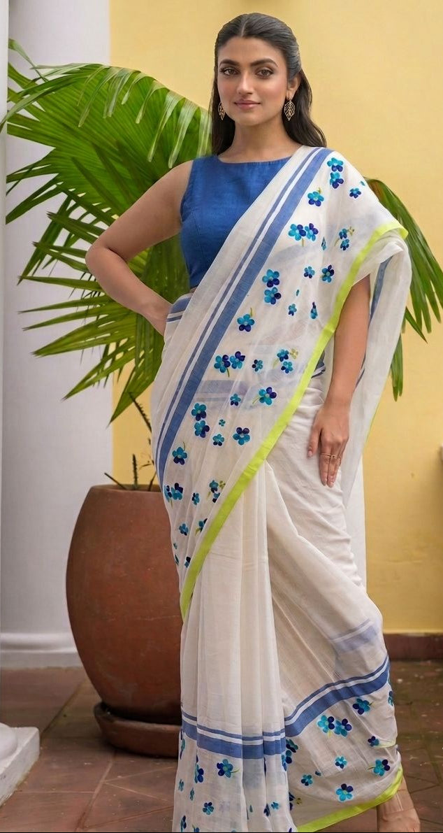 White bliss -Cotton Linen Blend Digital Printed Saree