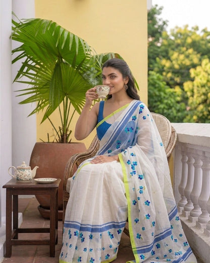 White bliss -Cotton Linen Blend Digital Printed Saree