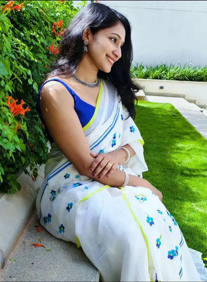 White bliss -Cotton Linen Blend Digital Printed Saree
