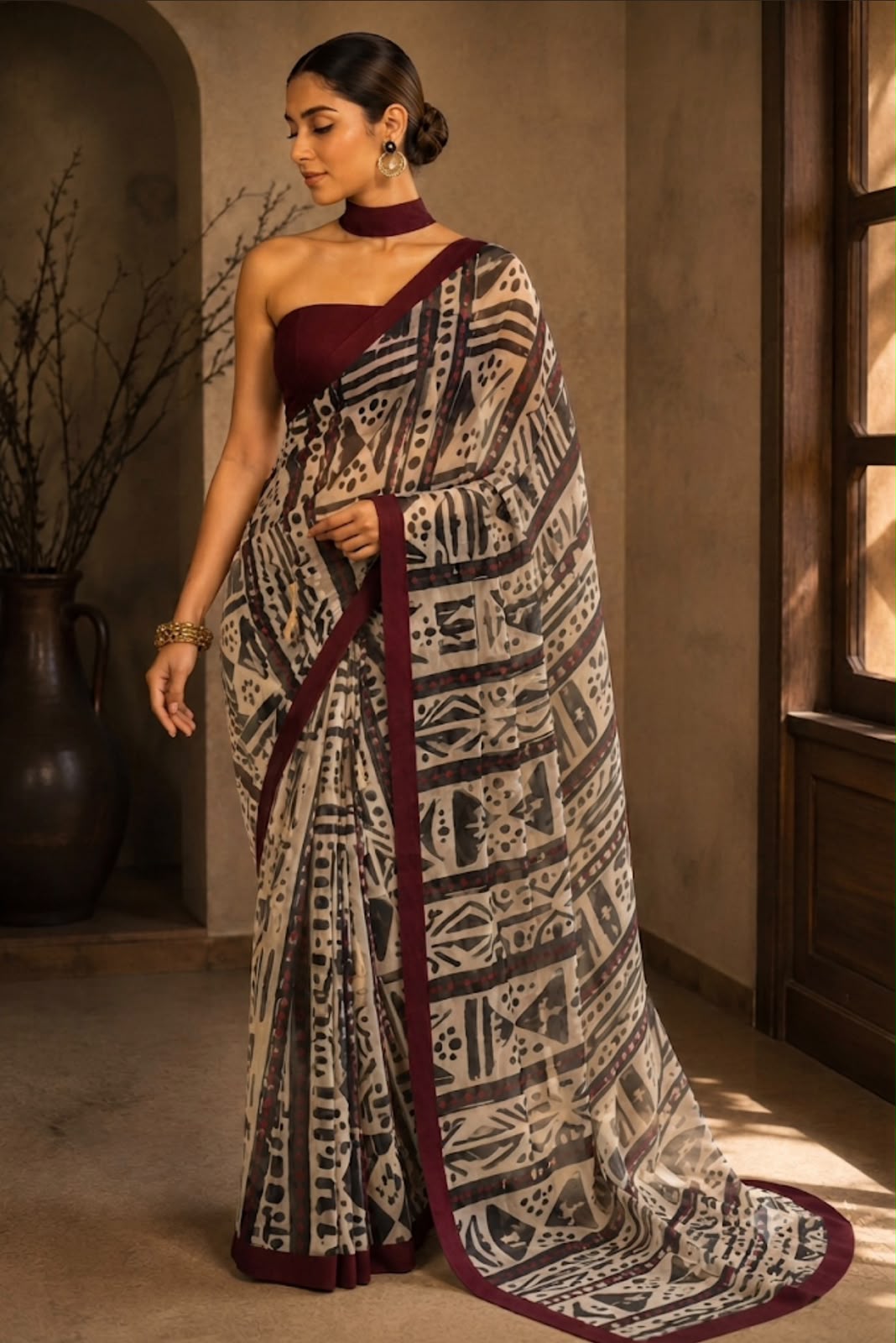 Maroon Muse – Evening Geometry Cotton Linen Blend Saree