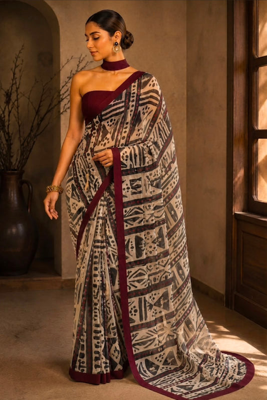 Maroon Muse – Evening Geometry Cotton Linen Blend Saree