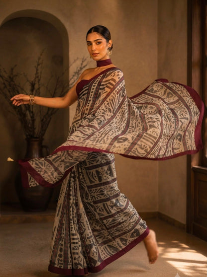 Maroon Muse – Evening Geometry Cotton Linen Blend Saree