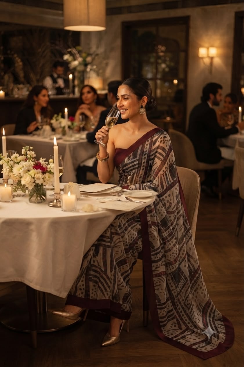Maroon Muse – Evening Geometry Cotton Linen Blend Saree