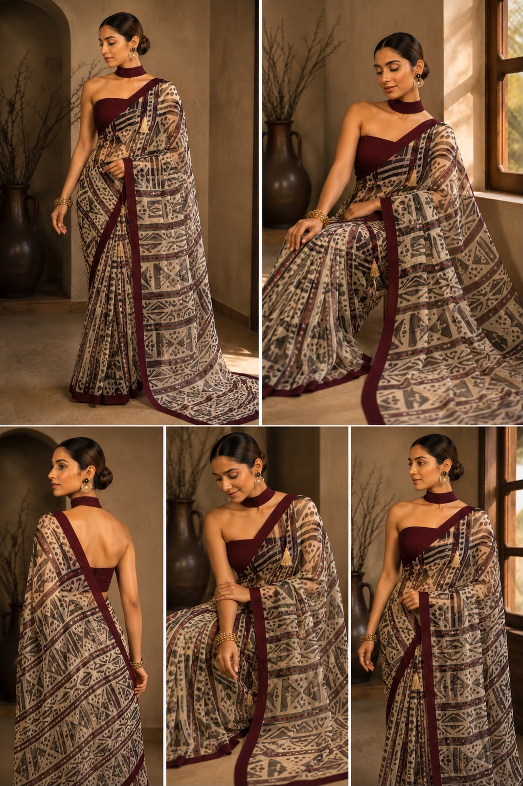 Maroon Muse – Evening Geometry Cotton Linen Blend Saree