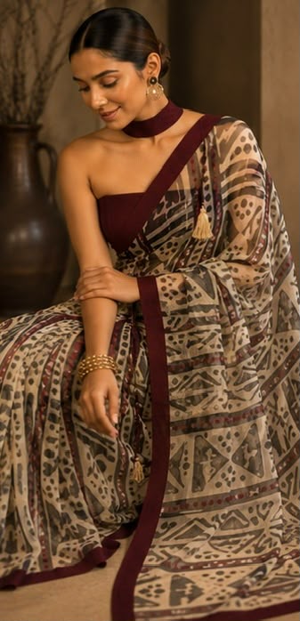 Maroon Muse – Evening Geometry Cotton Linen Blend Saree
