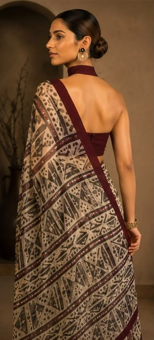 Maroon Muse – Evening Geometry Cotton Linen Blend Saree