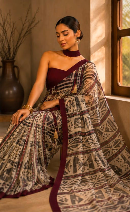 Maroon Muse – Evening Geometry Cotton Linen Blend Saree