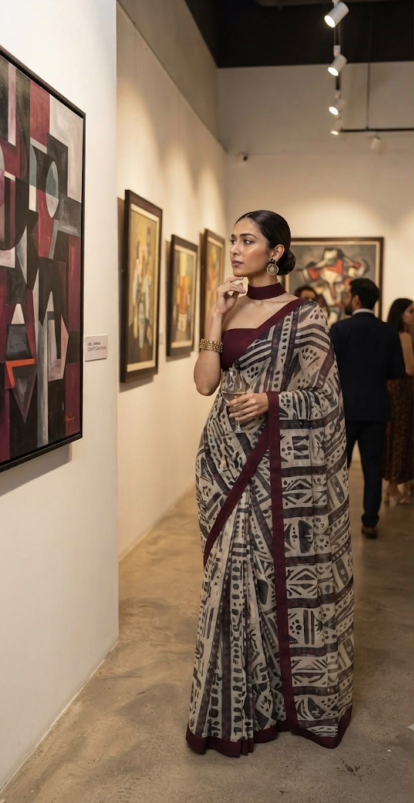 Maroon Muse – Evening Geometry Cotton Linen Blend Saree