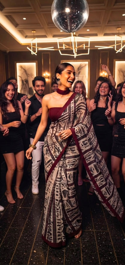 Maroon Muse – Evening Geometry Cotton Linen Blend Saree