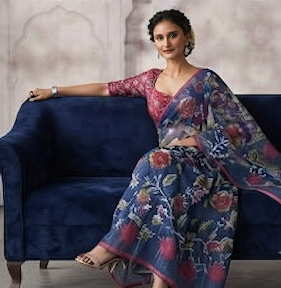 Midnight Bloom Cotton Linen Saree