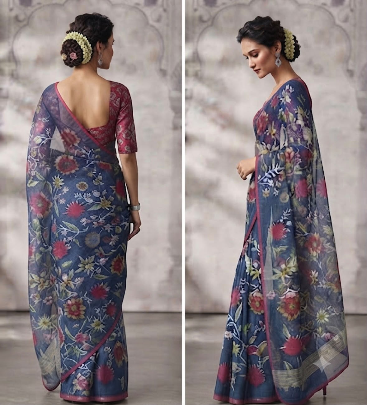Midnight Bloom Cotton Linen Saree