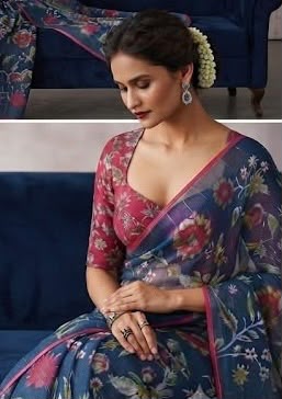 Midnight Bloom Cotton Linen Saree