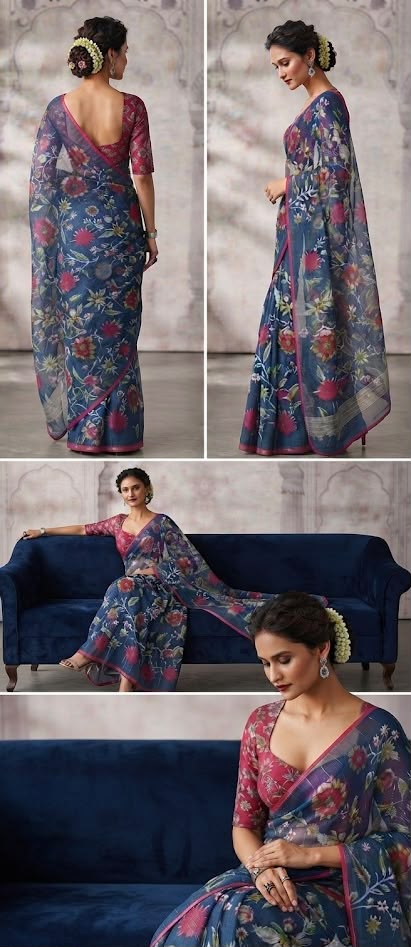 Midnight Bloom Cotton Linen Saree