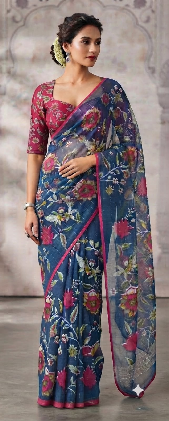 Midnight Bloom Cotton Linen Saree