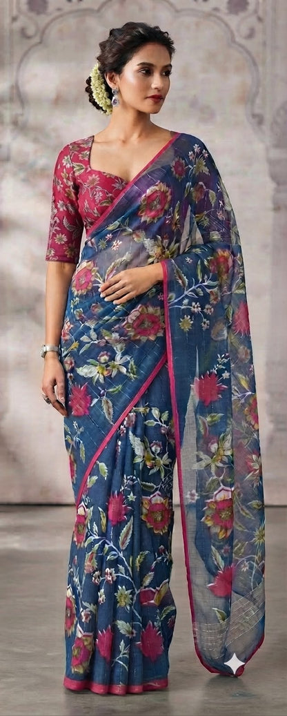 Midnight Bloom Cotton Linen Saree