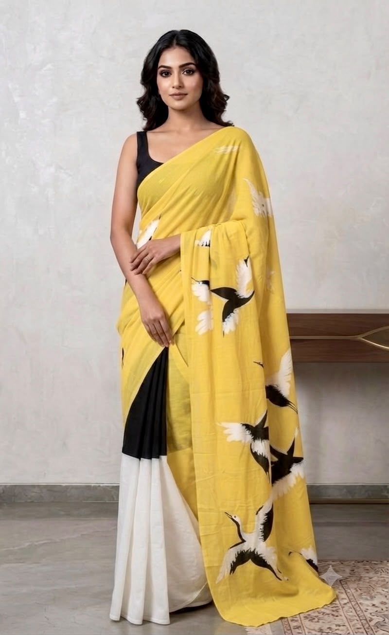 Skyward Grace – Cotton Linen Bird Print Saree