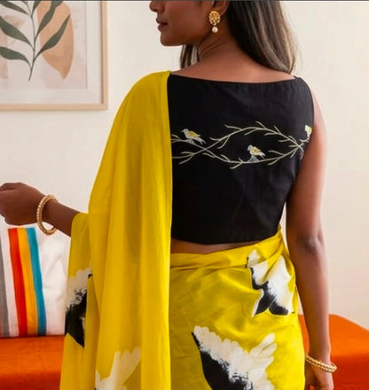 Skyward Grace – Cotton Linen Bird Print Saree