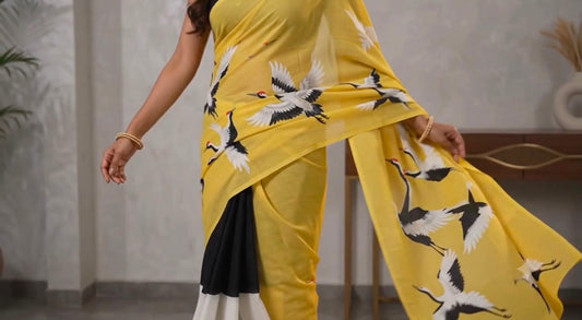 Skyward Grace – Cotton Linen Bird Print Saree