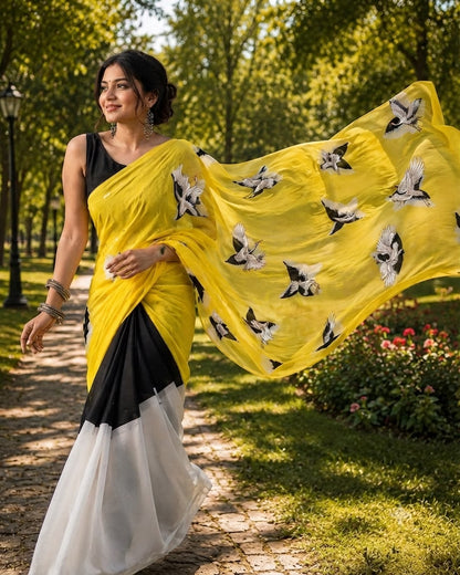 Skyward Grace – Cotton Linen Bird Print Saree