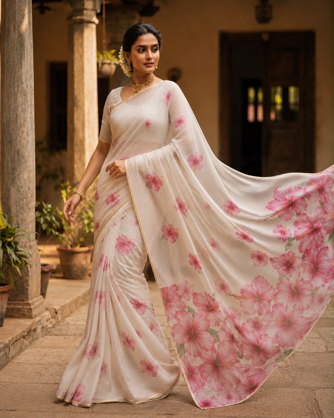 Blush Hibiscus Elegance – Premium Gold Checks Cotton Linen Saree
