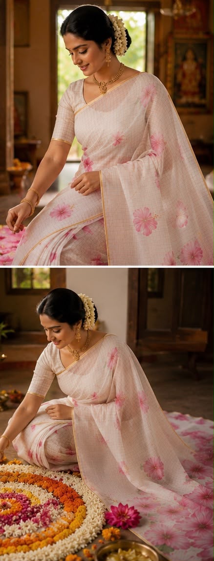 Blush Hibiscus Elegance – Premium Gold Checks Cotton Linen Saree