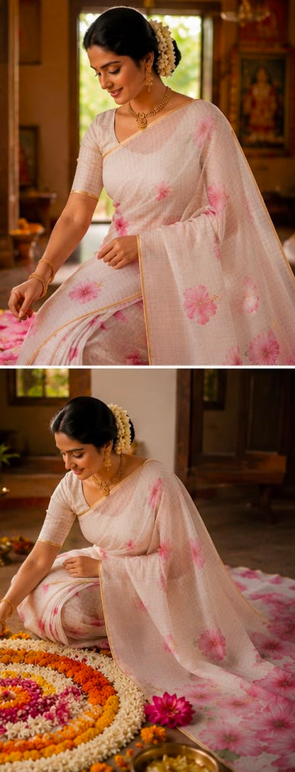 Blush Hibiscus Elegance – Premium Gold Checks Cotton Linen Saree