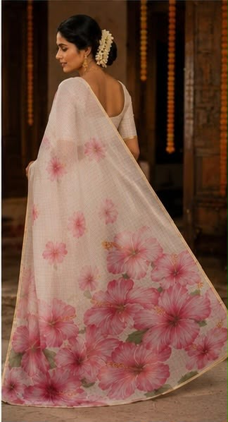 Blush Hibiscus Elegance – Premium Gold Checks Cotton Linen Saree