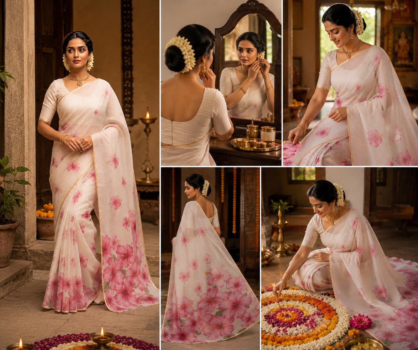 Blush Hibiscus Elegance – Premium Gold Checks Cotton Linen Saree