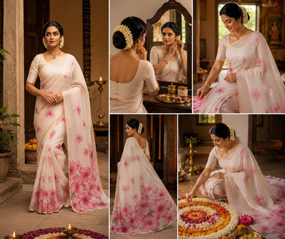 Blush Hibiscus Elegance – Premium Gold Checks Cotton Linen Saree