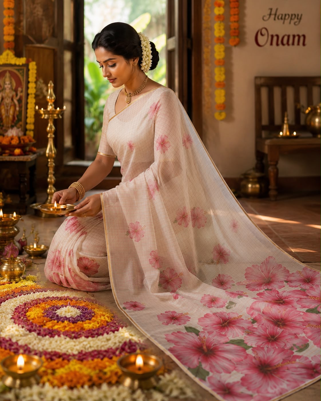 Blush Hibiscus Elegance – Premium Gold Checks Cotton Linen Saree