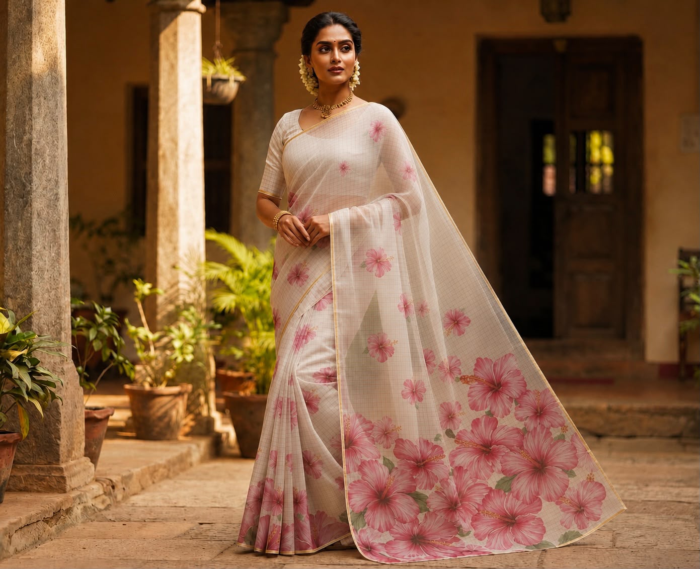 Blush Hibiscus Elegance – Premium Gold Checks Cotton Linen Saree