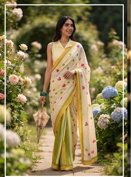 Candy Pop Stripe Check Cotton Linen Saree