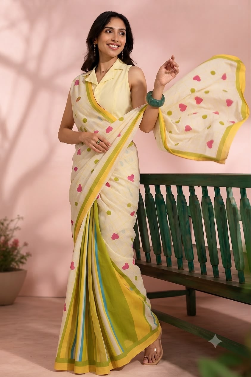 Candy Pop Stripe Check Cotton Linen Saree