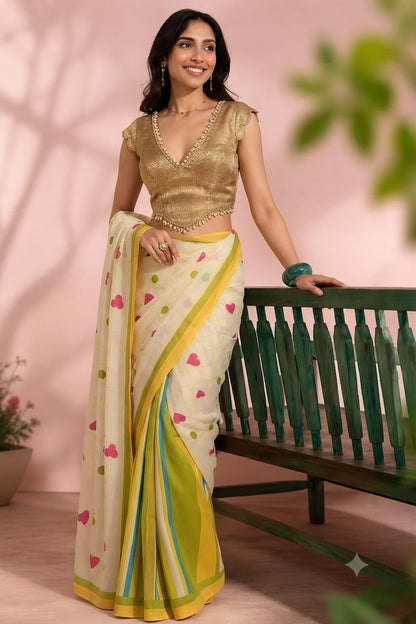 Candy Pop Stripe Check Cotton Linen Saree